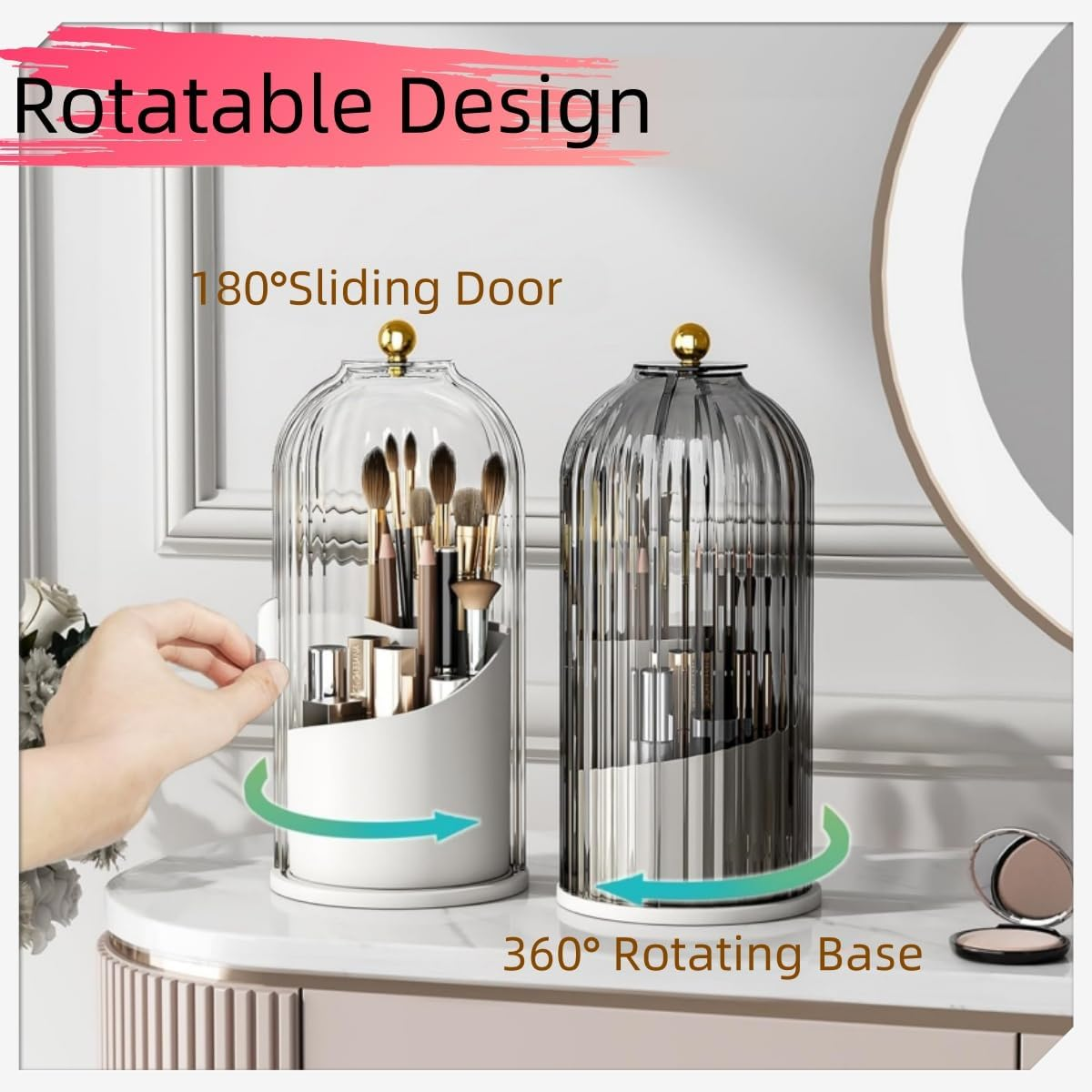 Makeup Brush Holder with Sliding Lid,360&deg; Rotating Dustproof Makeup Organizer, Concealed Toothbrush Holder,Waterproof Dustproof Holder for Toothbrush Toothpaste Cosmetics image number 5