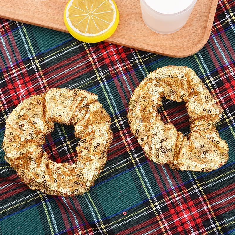 Gold Sequin Scrunchies for Girls Women Bling Elastic Hair Ties Bands Ropes Ponytail Holders for Christmas Party Hair Accessories Cheerleadering Hair Scrunchie Scrunchy 2 PCS image number 5