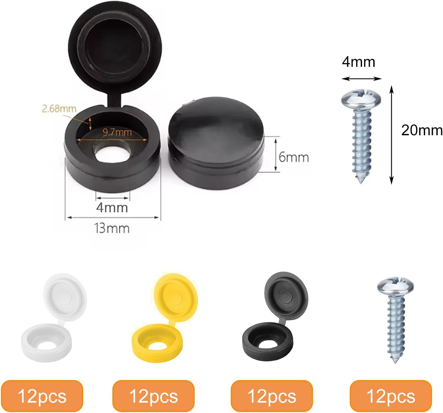 48 Pcs Number Plate Screws and Caps Set, 12 Black, 12 White and 12 Yellow, 12 Self Tapping Screws, License Plate Screw Caps Car License Plate Fixing Devices image number 6