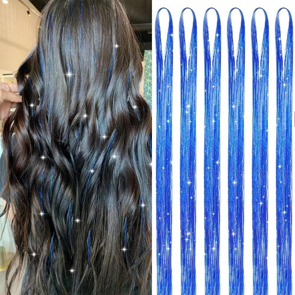 Hair Tinsel Blue 1200 Strands 48 Inches Sparkling Tinsel Hair Extensions, Fairy Hair Tinsel for Birthday Halloween Christmas New Year Party image number 7