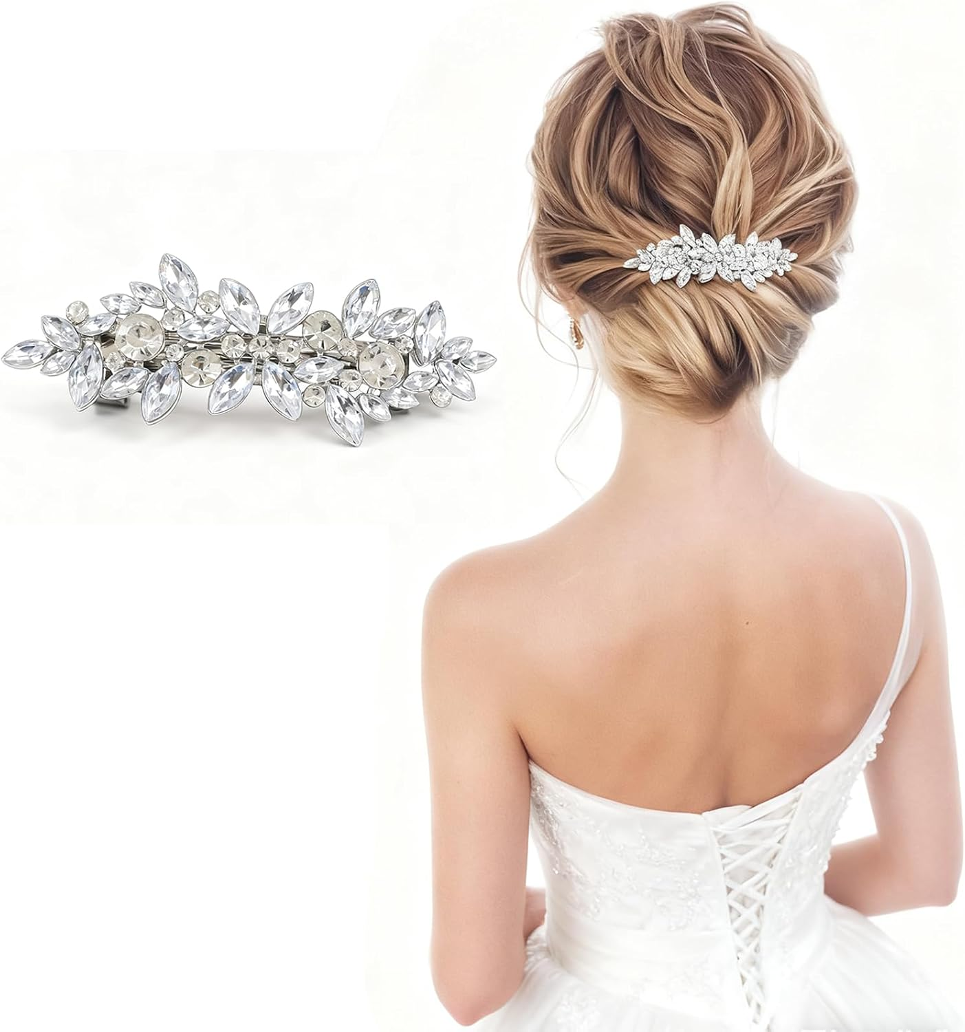 Crystal Elegance Bridal Hair Clip, Silver Rhinestone Wedding Hair Accessory, Sparkling Floral Design Hair Pin for Long Hair image number 6