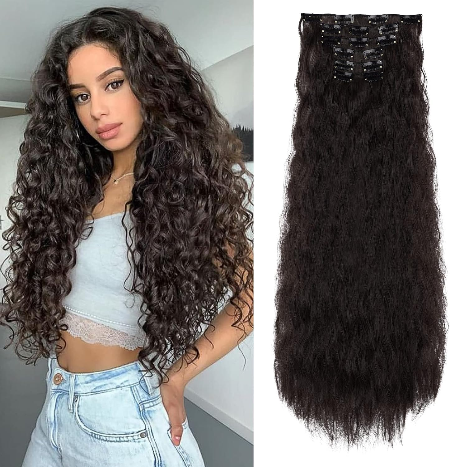 FLUFYMOOZ Clip in Hair Extensions,6Pcs Hair Extensions Long Mermaid Waves Wavy Synthetic Clip on Hairpiece for Women 24 Inch (Black Brown)