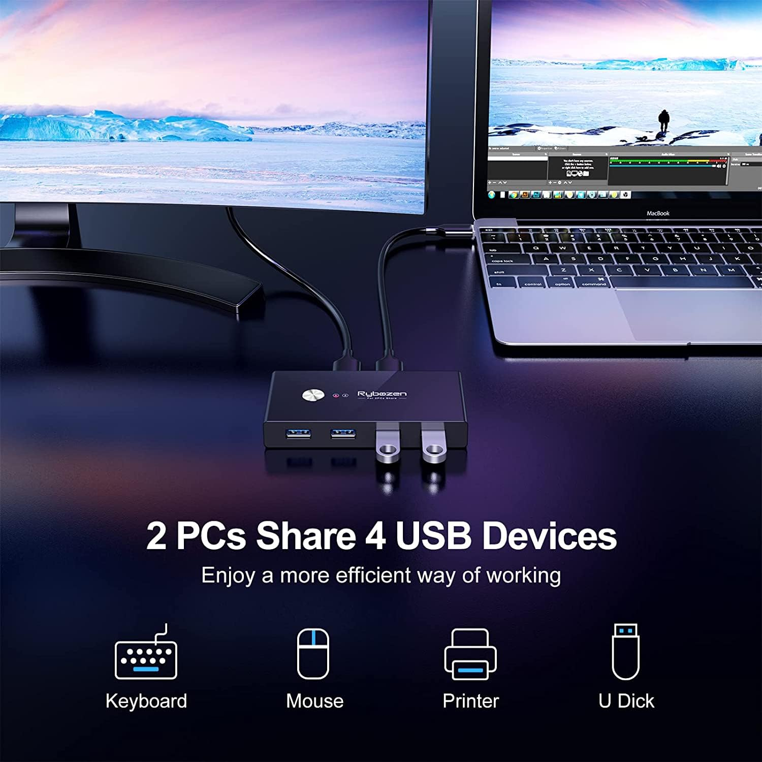 Digitconvert USB 3.0 Switch Selector,Kvm Switch Adapter 2 Computer Sharing 4 USB Devices, Peripheral Hub Box for Mouse Keyboard Scanner Printer PC, with One Button Swapping and 2 Pack USB 3.0 Cable
