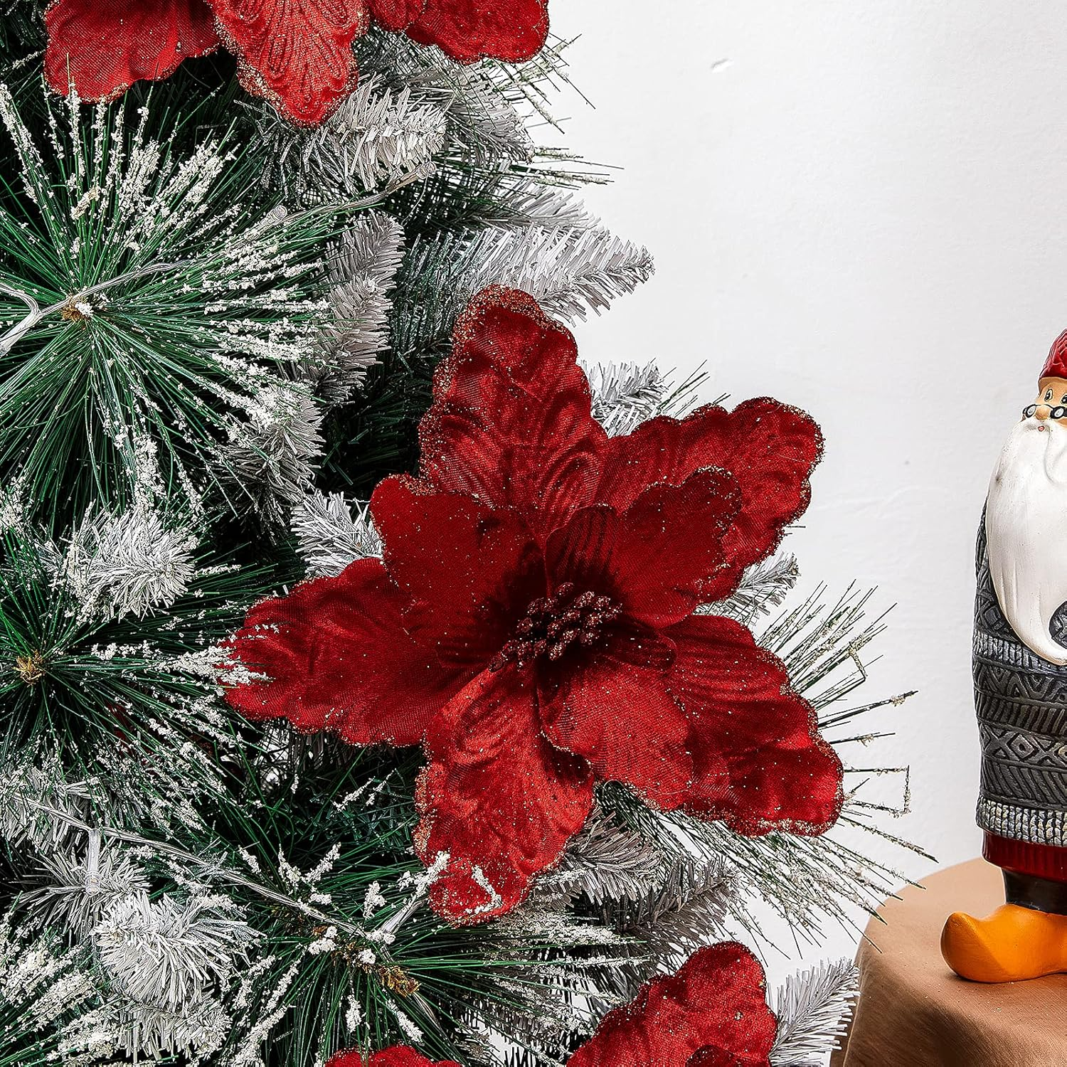 10 Pcs Large Poinsettias Christmas Tree Flower Glitter Silk Flower Picks Ornaments for Wreath Garland Wedding Decoration (Dark Red) - Brown image number 3