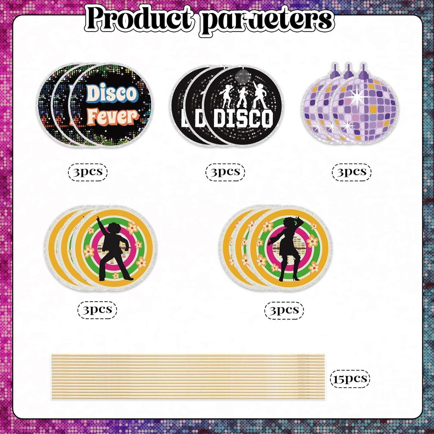 Back to 70S Centerpiece Sticks - 15Pcs 70S Disco Party Themed Birthday Table Toppers - 70S Nostalgic Party Supplies Disco Ball Music Theme Party Birthday Party Wedding Party Decorations image number 2