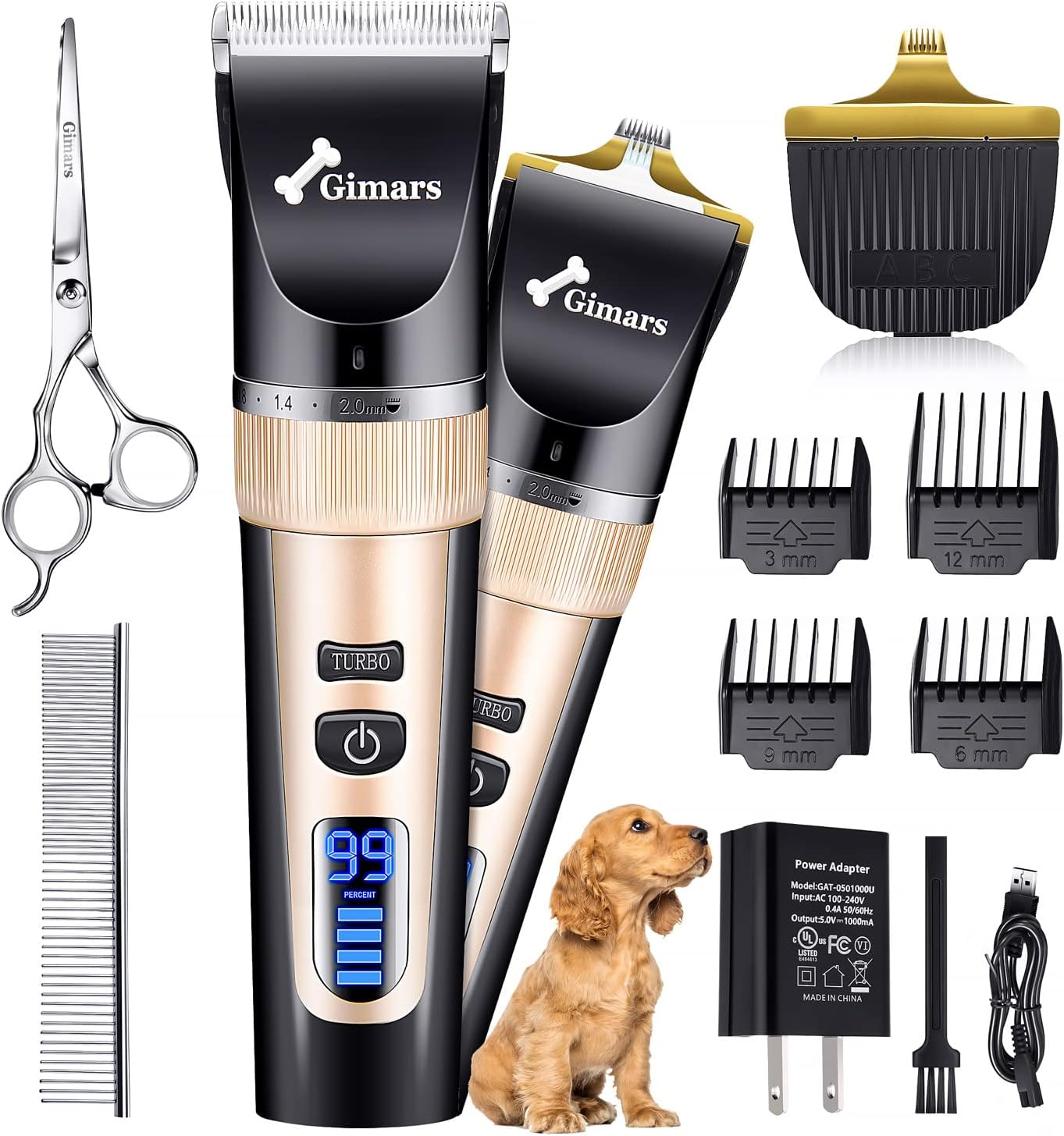 Gimars Cordless 3-Speed Dog Clippers with Stainless Steel Grooming Scissors Kits, Low Noise Quiet Rechargeable Pet Hair Trimmer for Thick Coats, Shaver Kit for Dogs and Cats