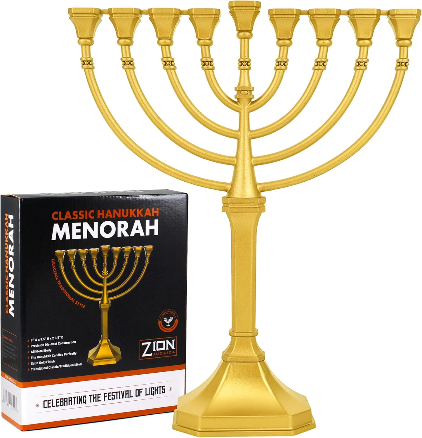 Value Complete Menorah Kit - Traditional Grace Hanukkah Candle Menorah with 44 Chanukah Candles, 4 Dreidels. Chanukkah Handbook Guide a Sack of Chocolate Gelt (Satin Gold) image number 6