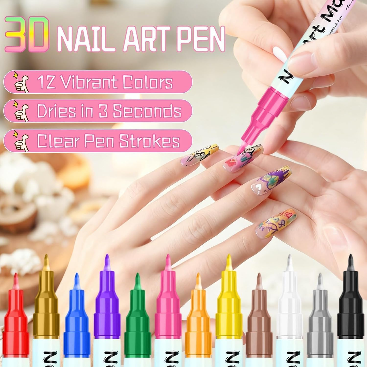 12 Colours Water-Based Acrylic Nail Art Pens Set - 0.5Mm Fine Tip Paint Markers for DIY Manicure - Quick Dry & Waterproof Nail Pens - Salon Quality Nail Design Tools for Women image number 4