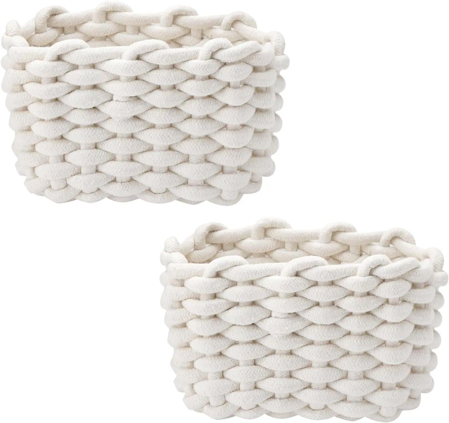 Set of 2 Braided Cotton Knitting Baskets, Small Square White Storage Baskets for Bathroom, Make-Up, Toys, Socks image number 4