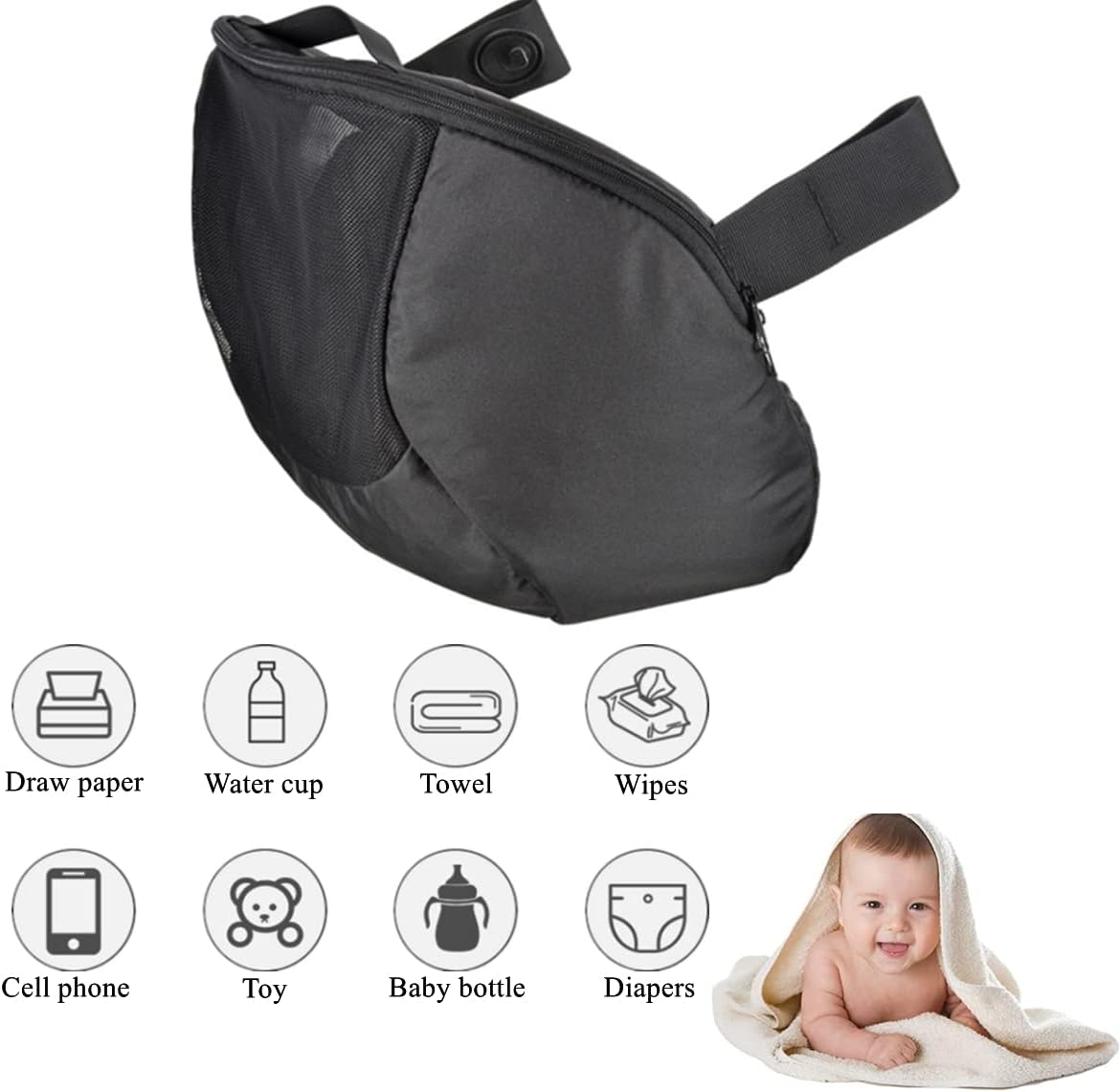 Infant Stroller Clip-On Storage Bag Compatible with Doona, Pram Buggy Organizer Bag with Non-Slip Zipper Snap-On Stroller Bag & Large Storage Space, Baby Stroller Pushchair Accessory Fit Doona