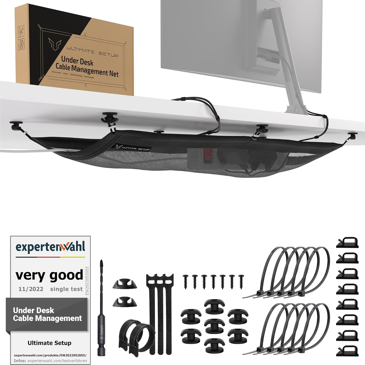 Cable Management Net - under Desk Wire Management - Flexible under Desk Cable Management Tray White