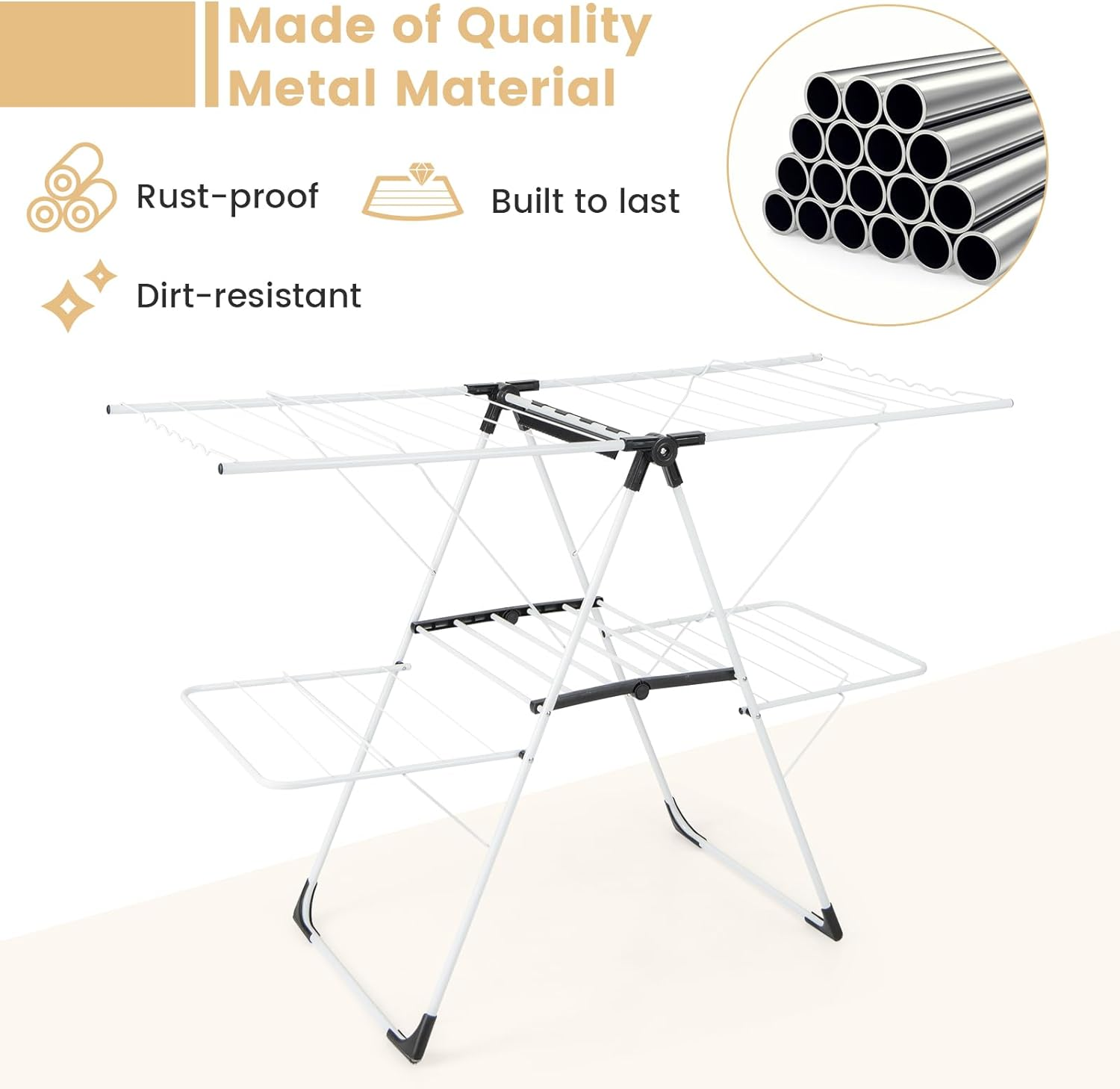 Giantex Folding Clothes Drying Rack, 2-Tier Metal Laundry Drying Rack Laundry Drying Rack with Height-Adjustable Wings, 33 Drying Rails, Middle Sock Clips, Side Wave-Shaped Bars, No Assembly