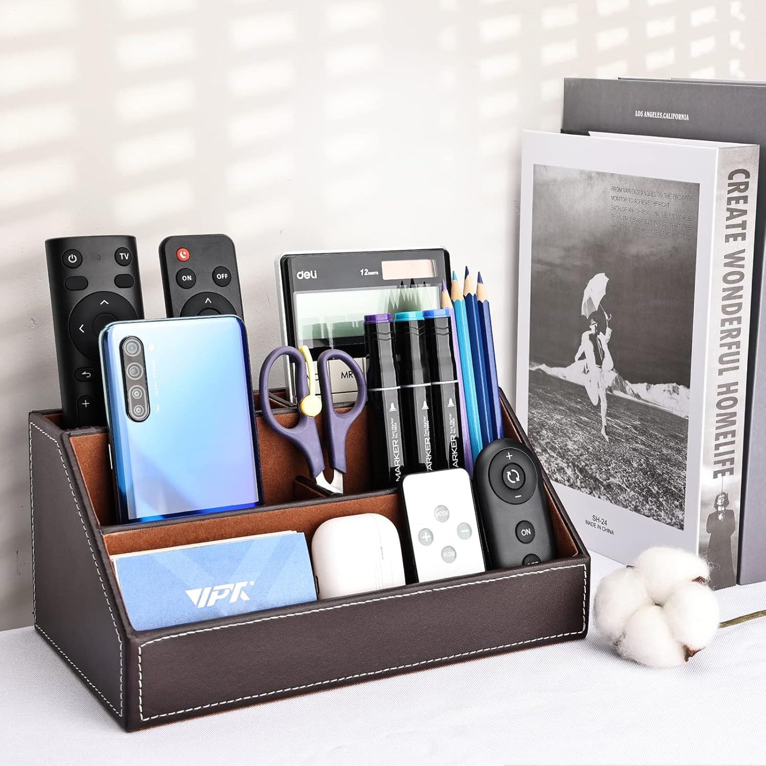 KINGFOM Home Office Wooden Struction Leather Multi-Function Desk Stationery Organizer Storage Box, Pen/Pencil,Cell Phone, Business Name Cards, Note Paper, Remote Control Holder - Black image number 6