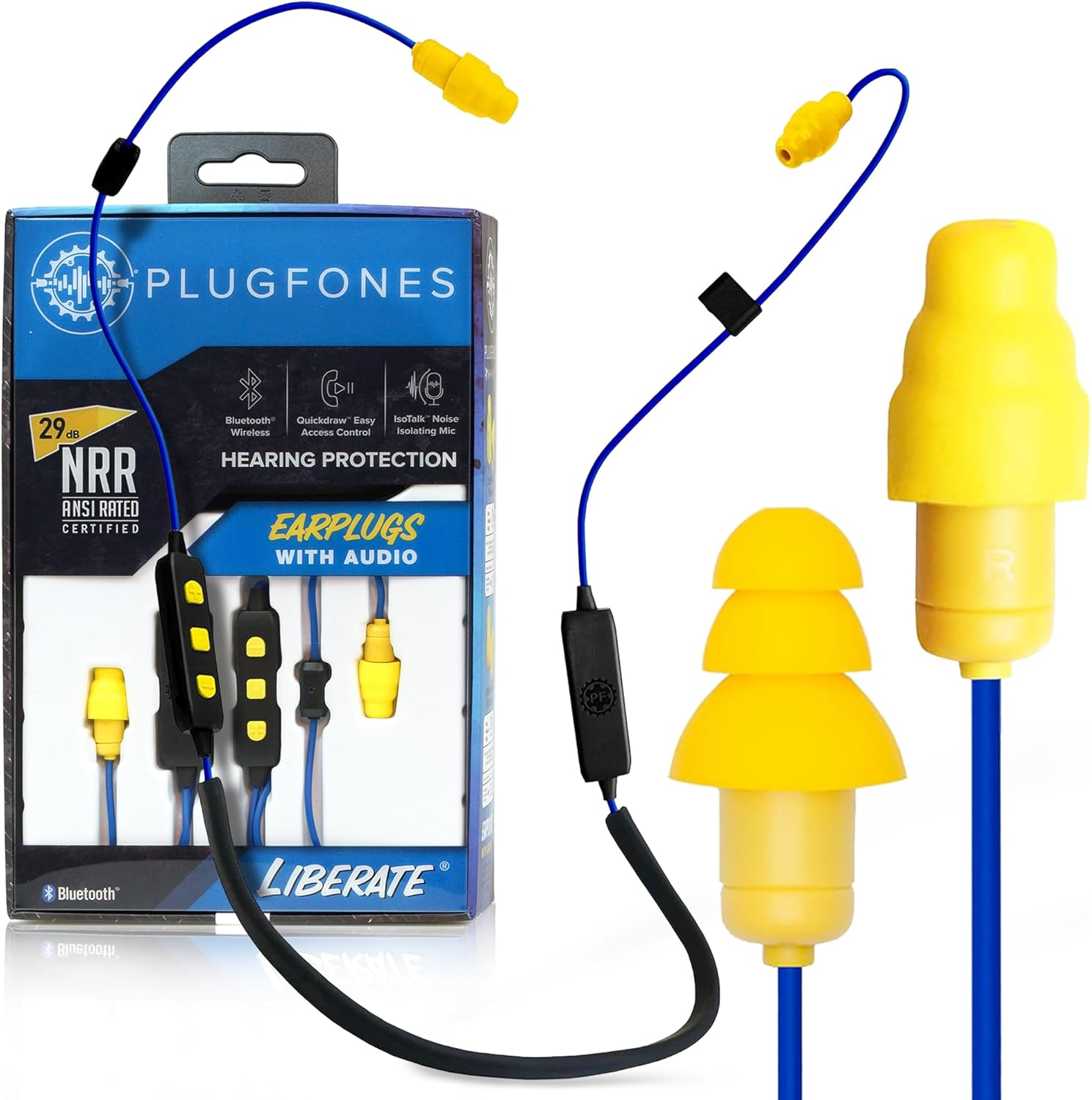 Plugfones Liberate 2.0 Wireless Bluetooth Headphones with Earplugs, Blue/Yellow (NA)