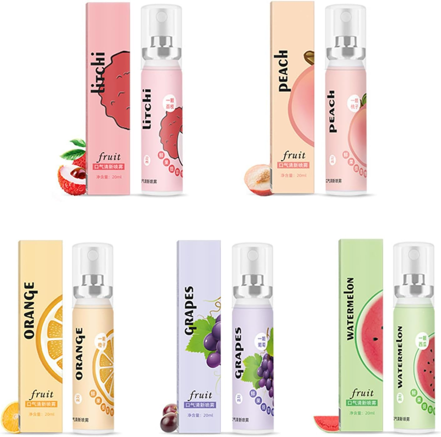 Fresh Mouth Remove Bad Odor Mini Spray, Peach Lychee Grapes Oranges Watermelon Fruit Scent No Alcohol Mouth Spray 5Pcs image number 4