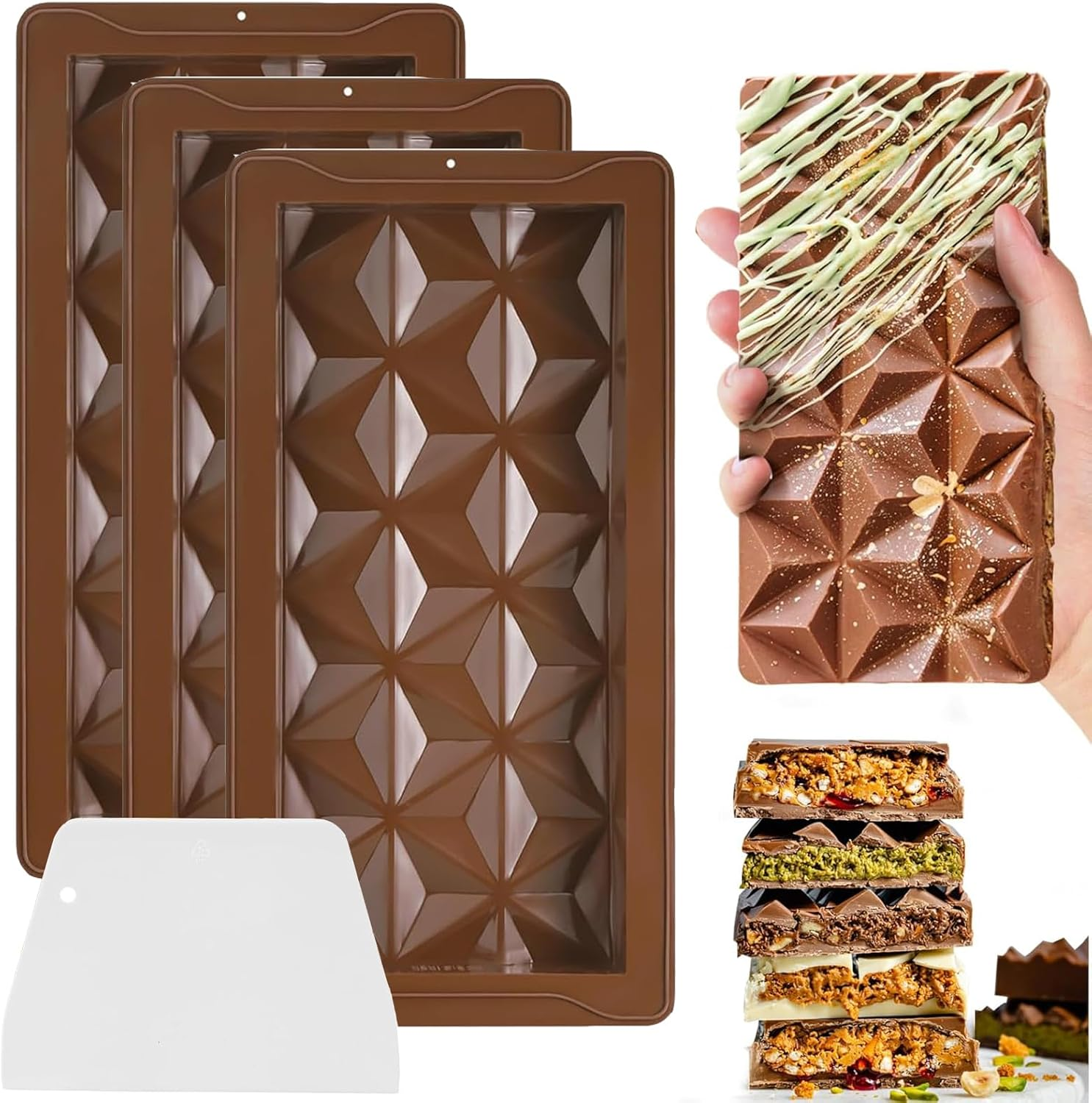 Uroboo 3 Pcs Chocolate Molds with a Scraper Premium Food Grade Silicone Chocolate Bar Molds image number 4