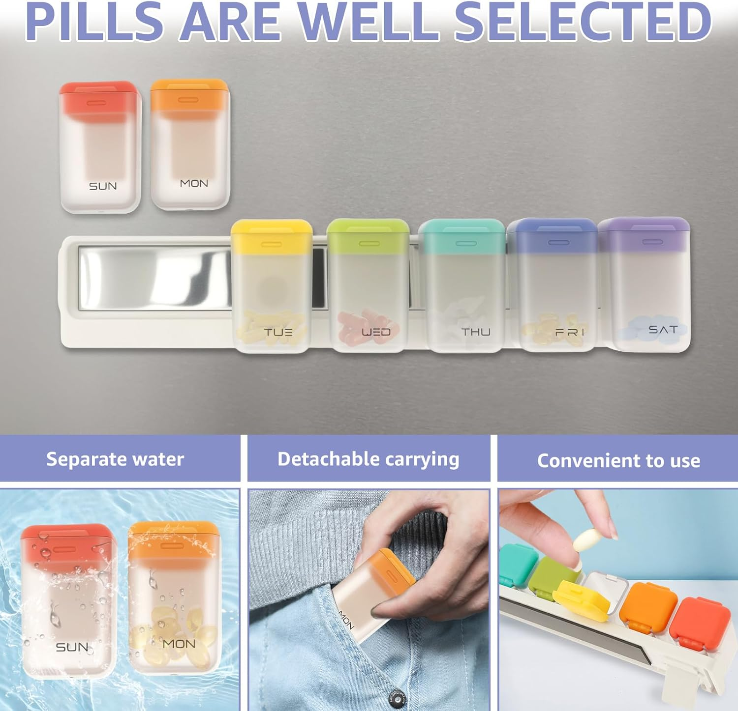 Plastic Magnetic Weekly Pill Organizer, Removable Large Capacity Weekly Pill Dispenser Box, with Sealed Lid for Supplement Vitamins Fish Oil (Colourful) image number 4