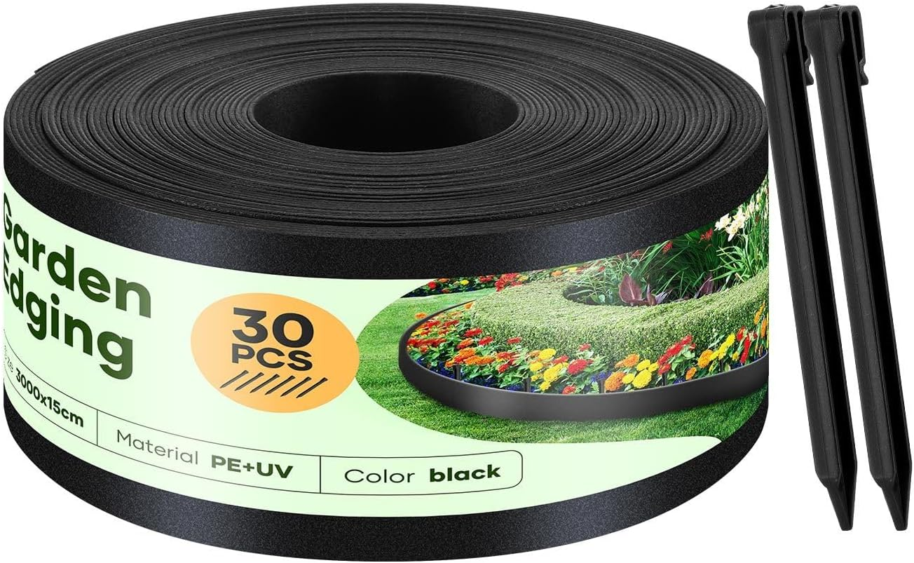 30Mx15Cm Garden Edging Lawn Border Landscape Edge Flexible DIY Fence Barrier Path Driveway Plant Grass Flower Bed Support Plastic Roll Kit