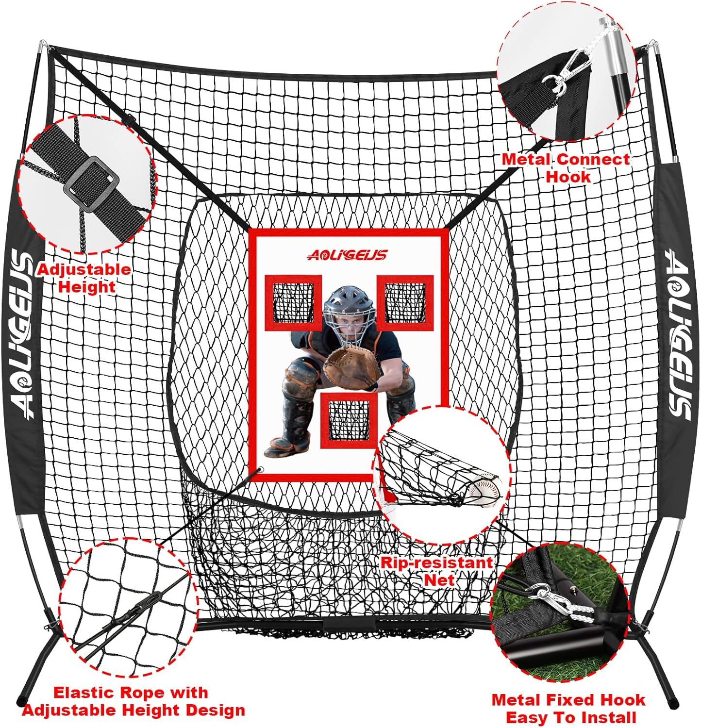 AOLIGEIJS Adjustable Pitching Pad, 3 Pocket Strike Zone Target for Baseball & Softball Net, with Realistic Catcher for Accuracy Training image number 1