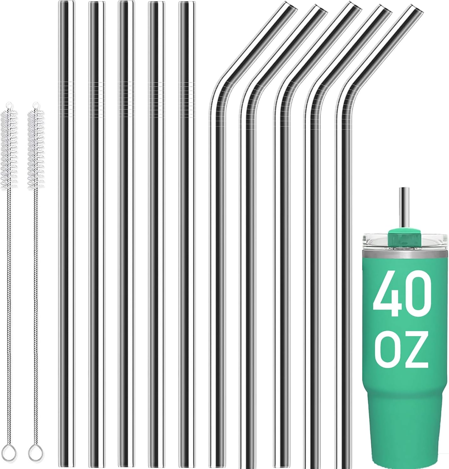 12 Pack 12 Inch Reusable Stainless Steel Straws for 40Oz Tumbler with Cleaning Brush, 5 Straight and 5 Bent Portable Long Drinking Metal Stainless Steel Straws for Travel image number 3