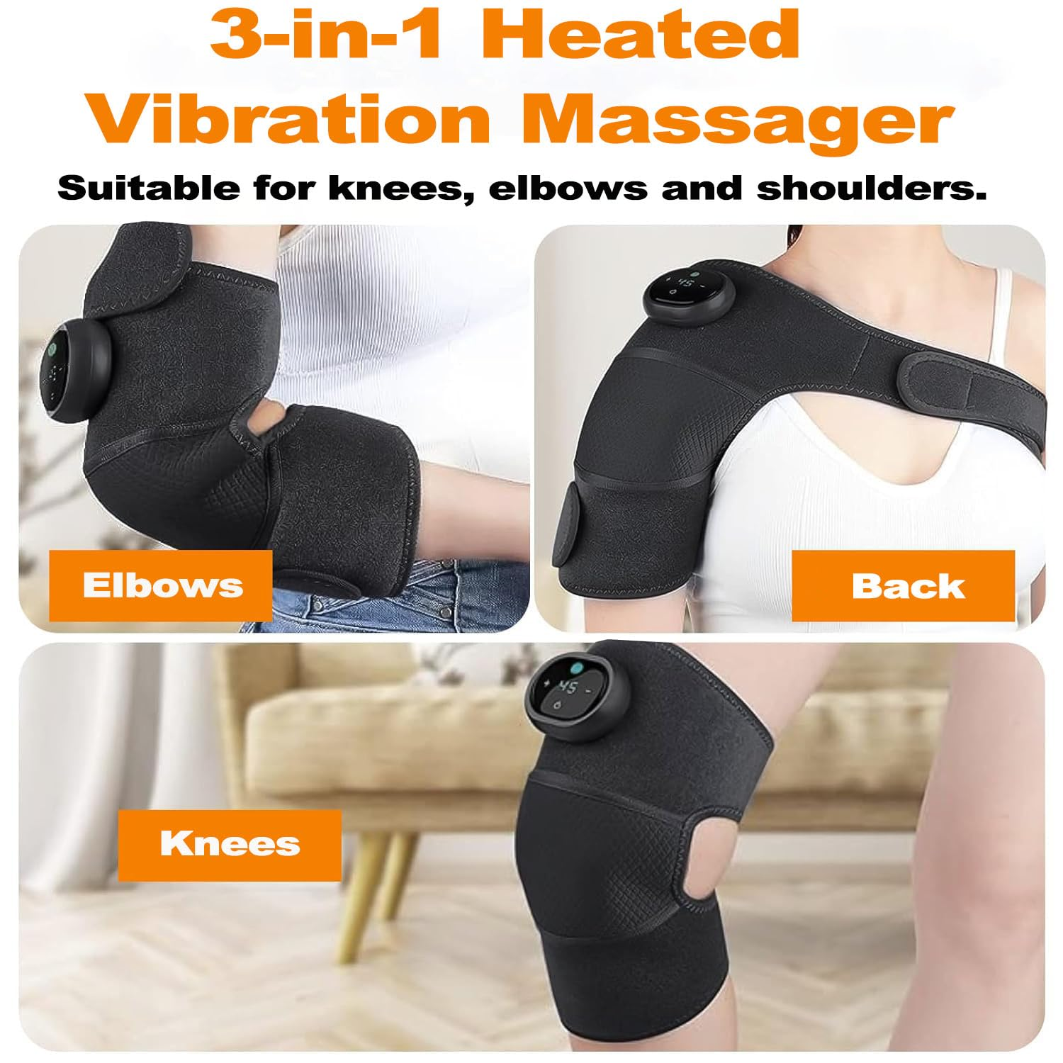 Knee Brace, Heated Knee Massager, 3-In-1 Knee Shoulder Elbow Heating Massage Wrap, 3 Gear Vibration, 5 Gear Heat Settings for Gym, Sport, Arthritis, Pain Relief, Injury Recovery, Black image number 3