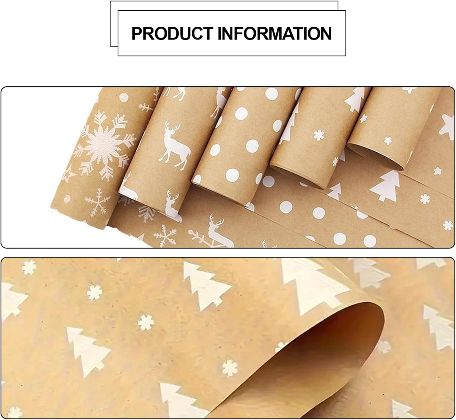 Christmas Wrapping Paper Rolls, 5 Rolls 44Cm X 300Cm, Brown Kraft Paper with Snowflake, Elk, and Xmas Tree Designs for Christmas, Party, and Festive Decorations image number 1