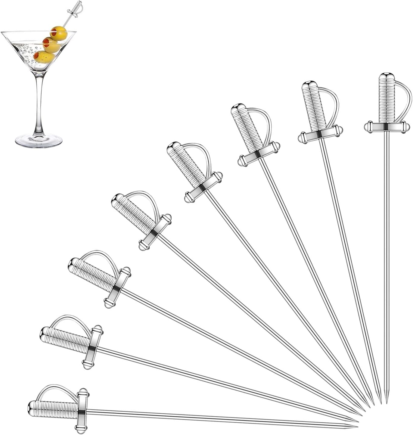8 Pieces Stainless Steel Cocktail Picks Toothpicks Sword Metal Martini Drink Pick Sticks Appetizer Resuable Skewers Food Fruit Cocktail Toothpicks for Birthday Wedding Beach