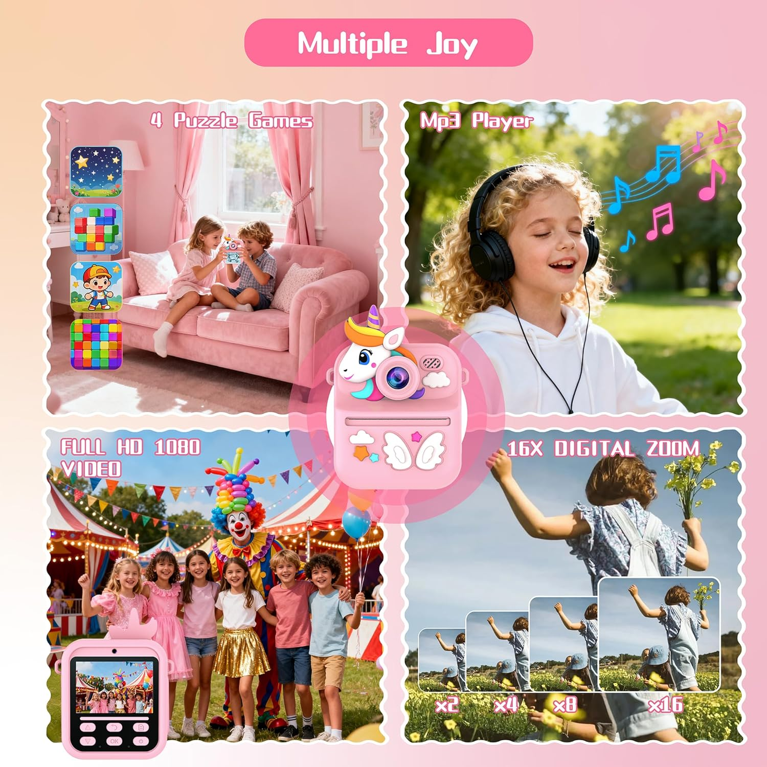 AILRINNI Kids Camera Instant Print 4-Color Print 1080P Kids Digital Camera | for Toddler with 180&deg;Flip | with Protective Case | 32GB Card | 4 Rolls Photo Paper | 4 Color Pens | 5 Games