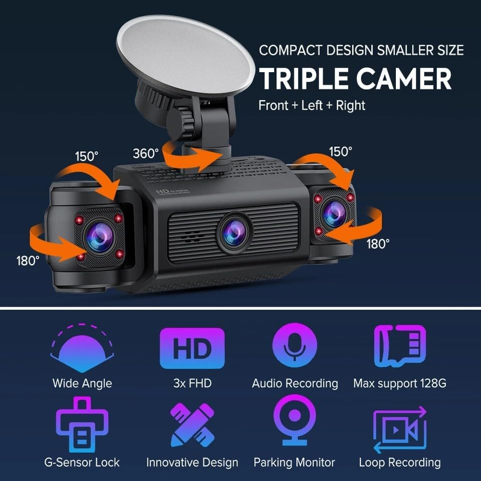 3 CH Dash Cam 1080P 2.4" Dash Cam Front Rear inside Dash Camera Loop Recording