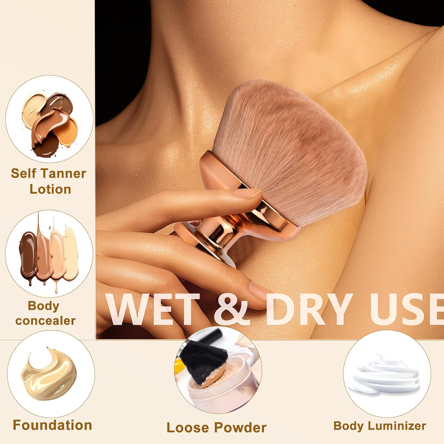 Extra Large Body Makeup Brush for Self Tanner, 3.54 Inch Wide-Headed Oval Brush Bronzers Blend Self Tanning Applicator with Drawstring Bag for Face Neck Back Legs Wet & Dry Use (Gold)