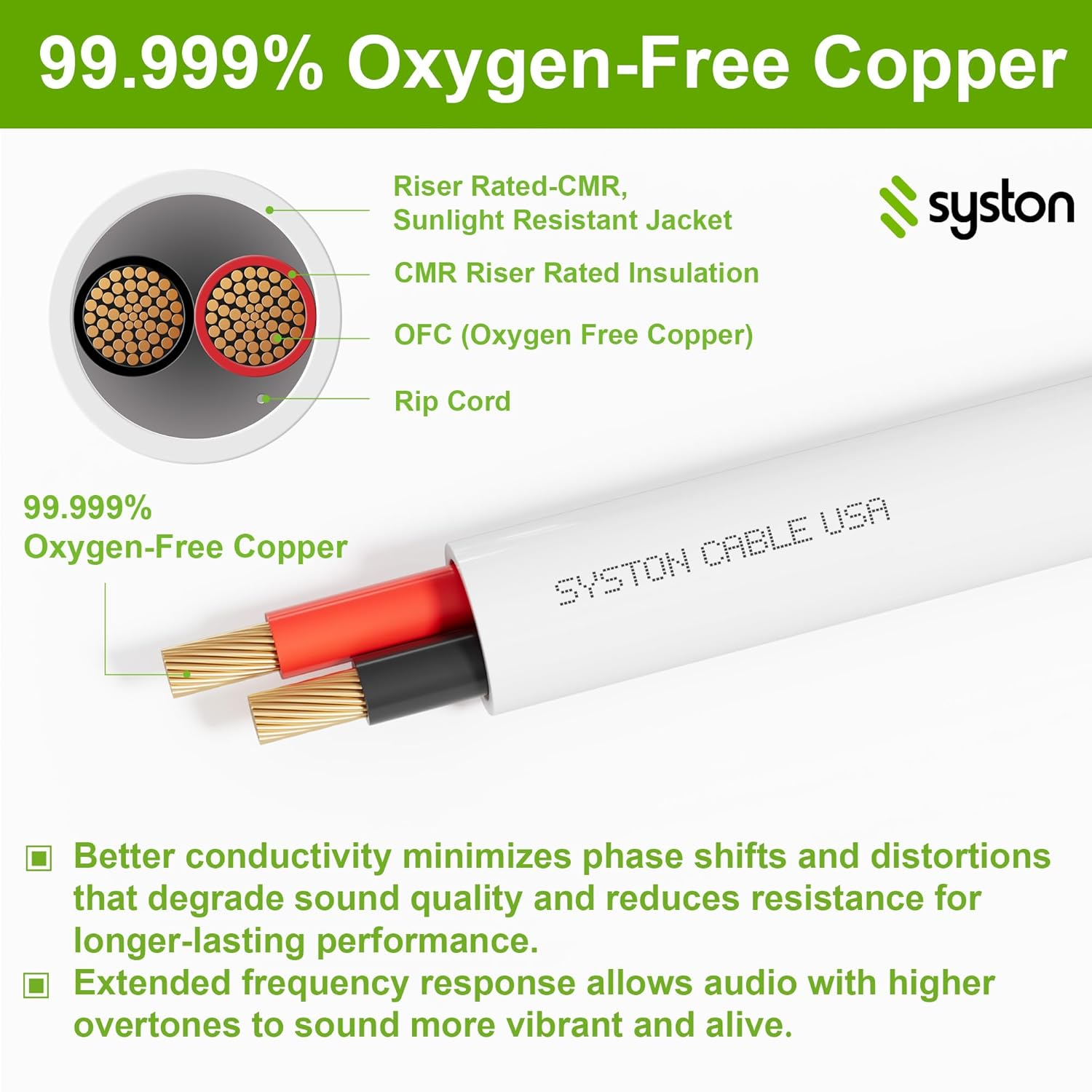SYSTON 14/2 Speaker Audio Cable Wire Bulk, 14AWG 2C Strand OFC - Oxygen Free Copper Conductors, CMR Riser-Rated Indoor/Outdoor UV Resistant Rohs Compliant for Home Theater Car Speakers, White 50 FT