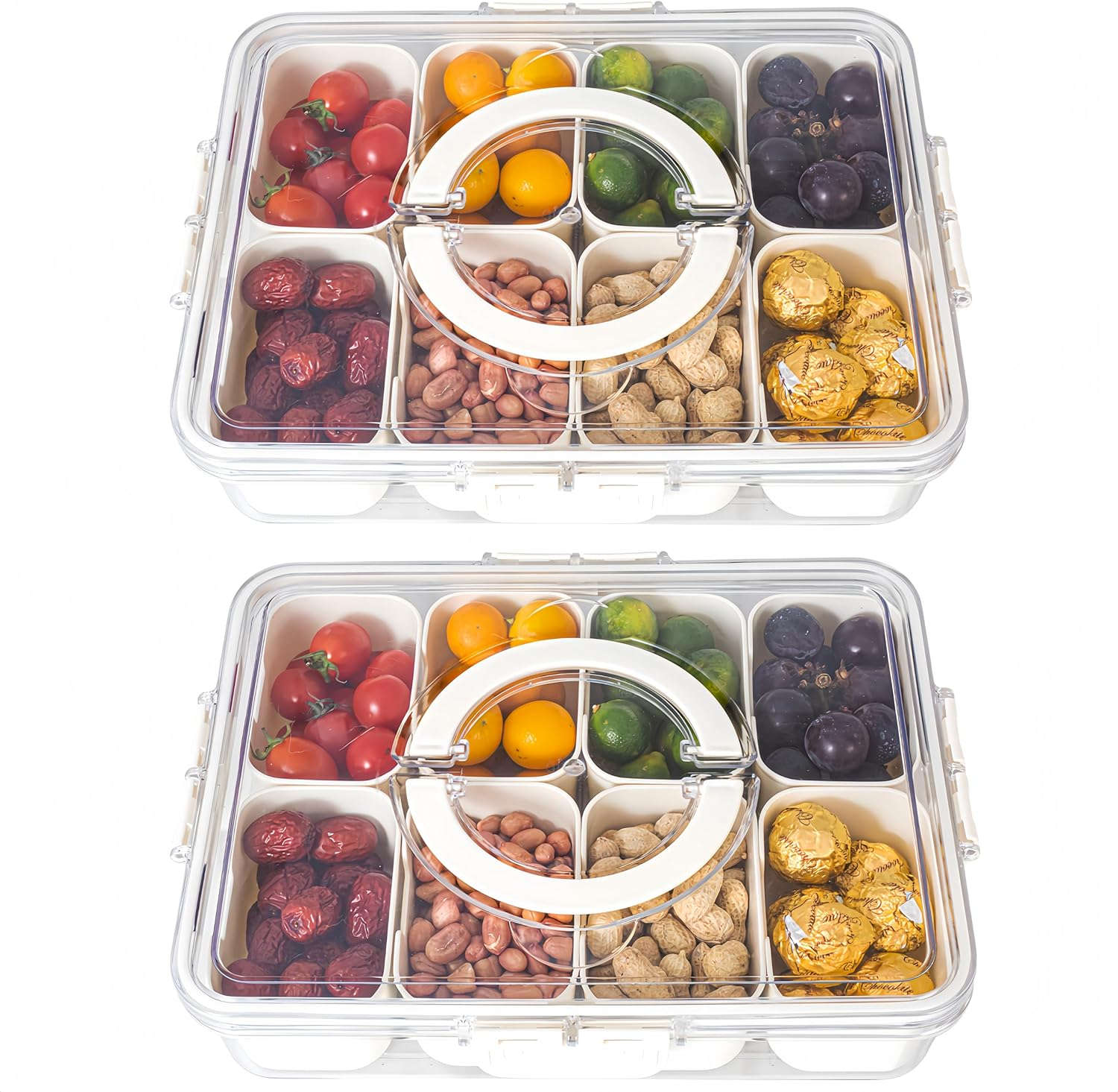 Divided Serving Tray with Lid and Handle - Snackle Box Charcuterie Container for Portable Snack Platters - Clear Organizer for Candy, Fruits, Nuts, Snacks - Perfect for Party, Entertaining