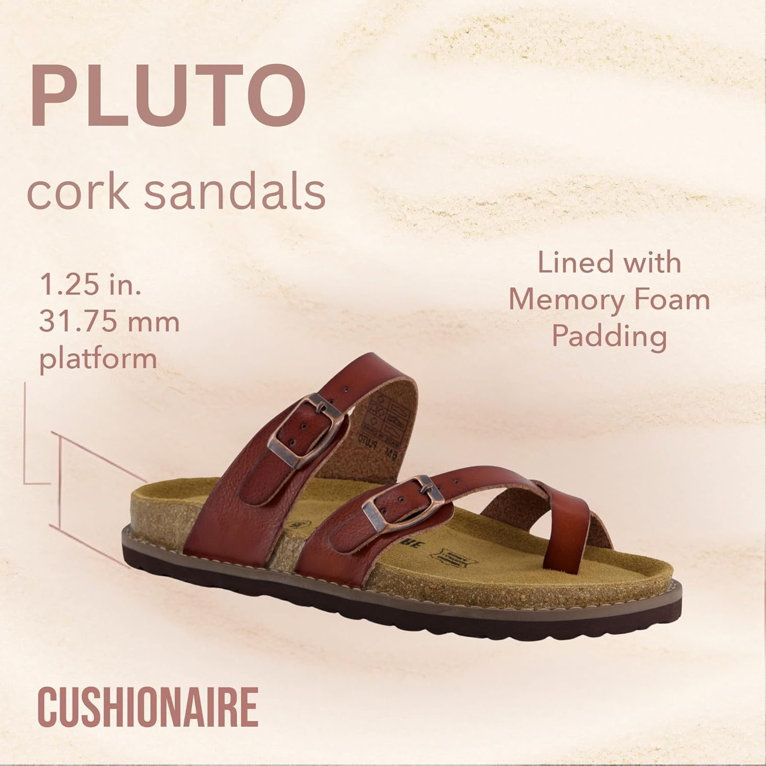 CUSHIONAIRE Pluto Cork Footbed Summer Sandals for Women Comfortable Slides with Adjustable Buckles, Toe Loop & Stitched Design &ndash; Stylish Slip on Women Footwear