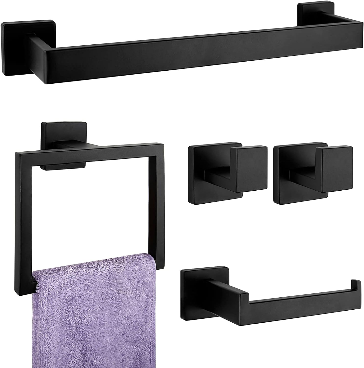5-Pieces Matte Black Bathroom Hardware Accessories Set, SUS304 Stainless Steel Bath Towel Bar Set, Towel Racks for Bathroom Wall Mounted. image number 3