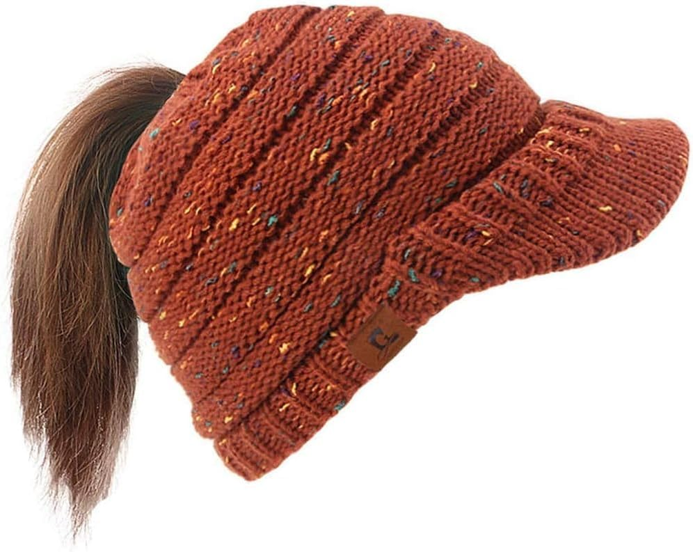 TOZLU Women'S Warm Chunky Cable Knit Messy Bun Hat Ponytail Visor Beanie Cap