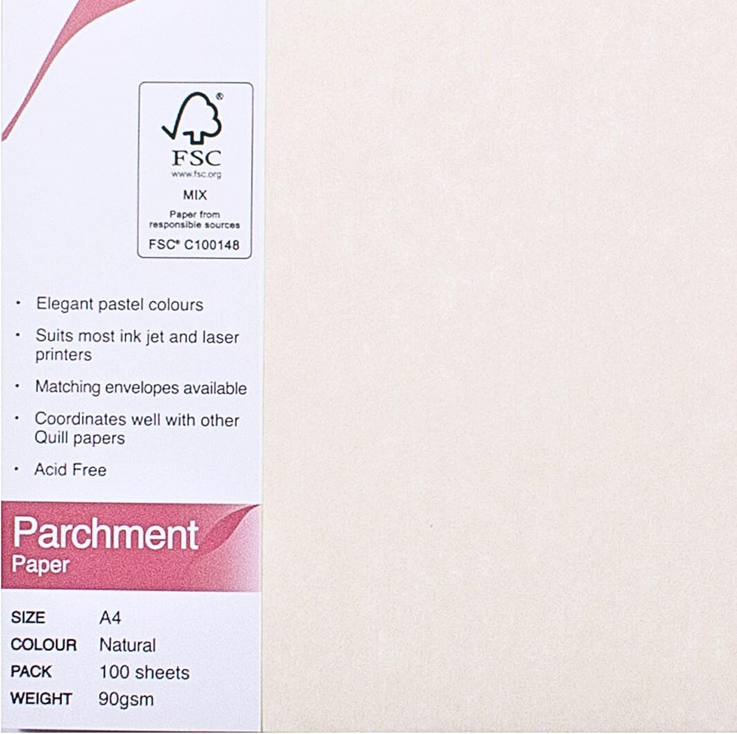 Quill, Parchment Paper A4, 90Gsm,100 Sheets, Acid Free, Elegant Pastel Colour, for Invites and Cards, Letterheads, and Craft Project