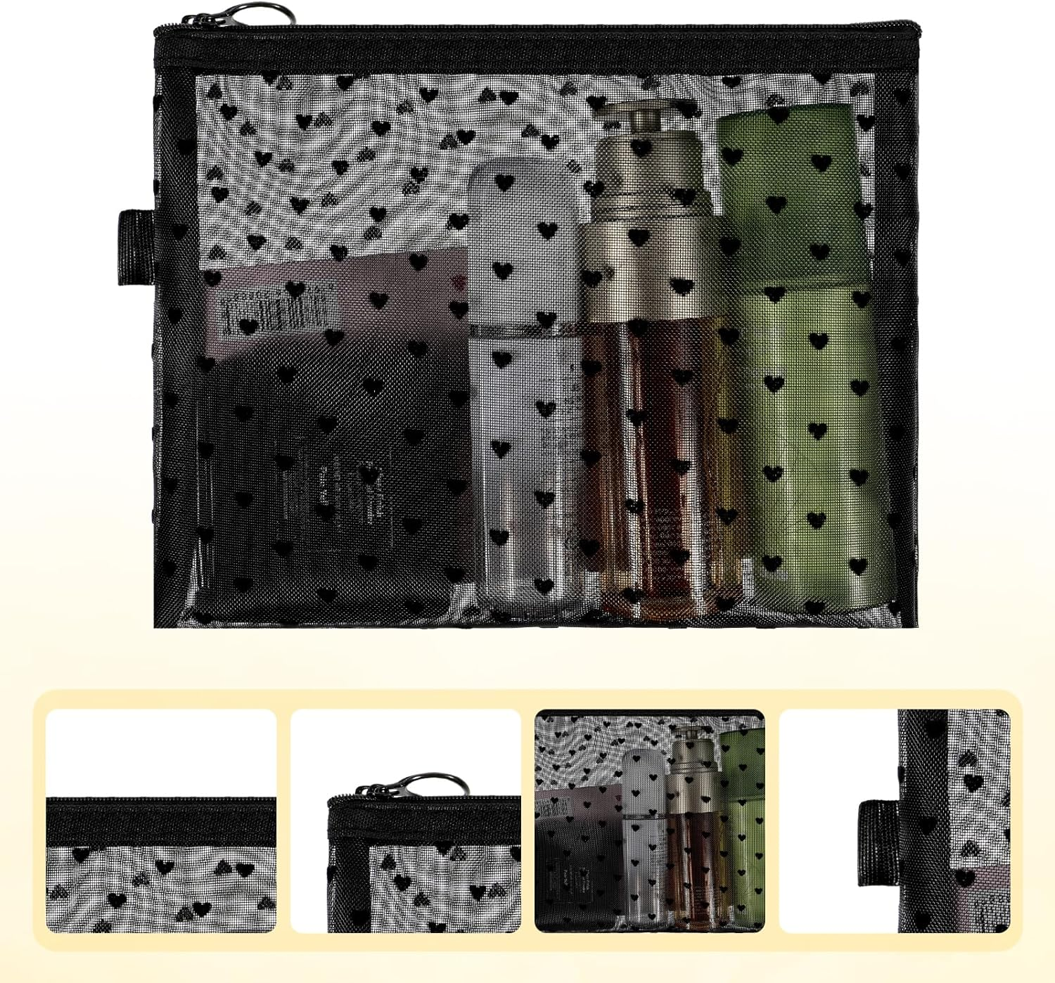 Heart Printed Mesh Makeup Bag Set, Small Mesh Cosmetic Bags Portable Travel Make up Purse Bag Heart Print Zipper Pouch Toiletry Bags for Daily or Travel Use (Black), Black image number 3