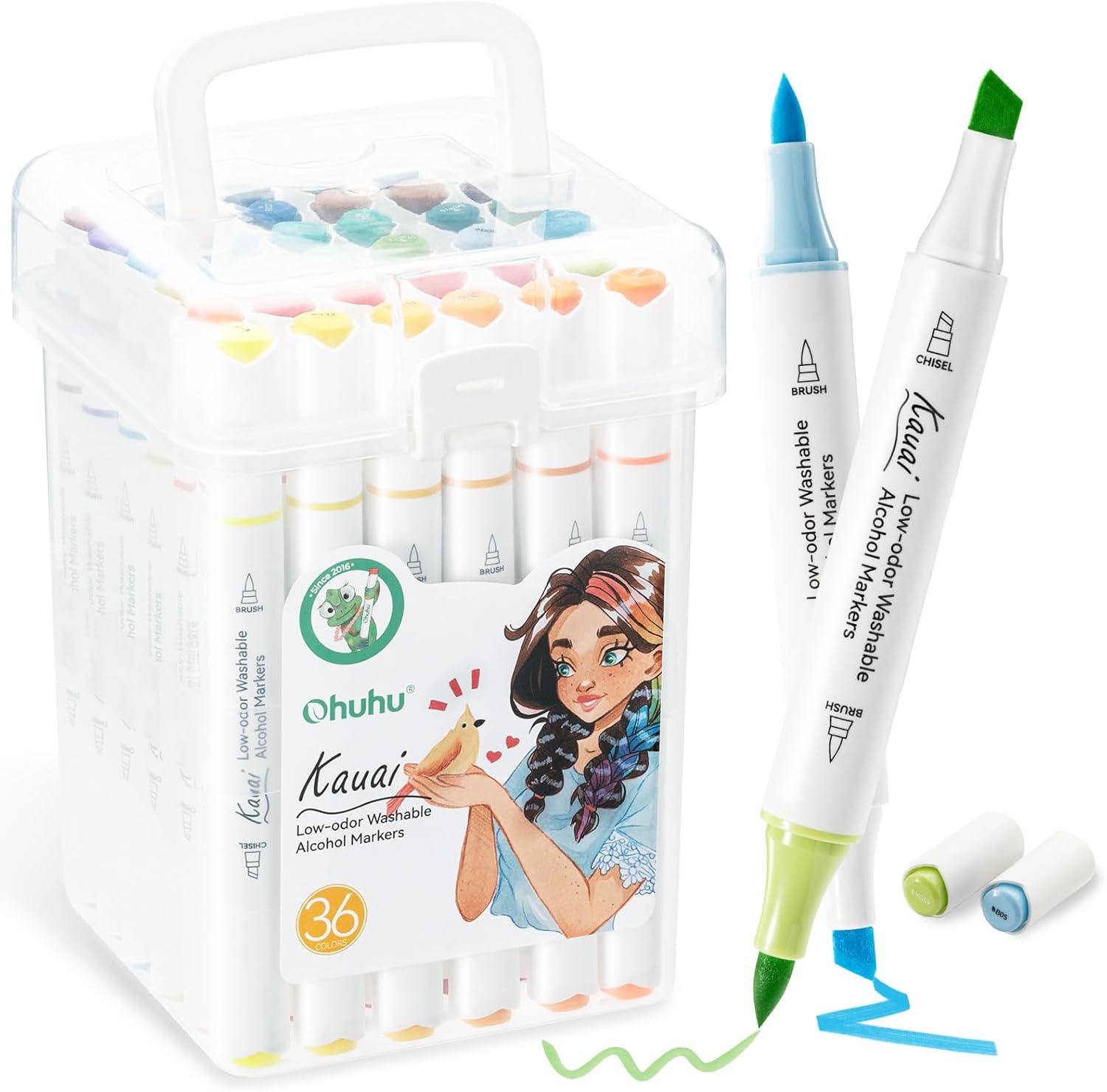 Ohuhu Washable Alcohol Markers Low-Odor: Brush & Chisel Dual Tips Washable 36 Colors Low-Odor Art Markers for Adults Coloring Illustration Comics - Kauai Series of Ohuhu image number 5