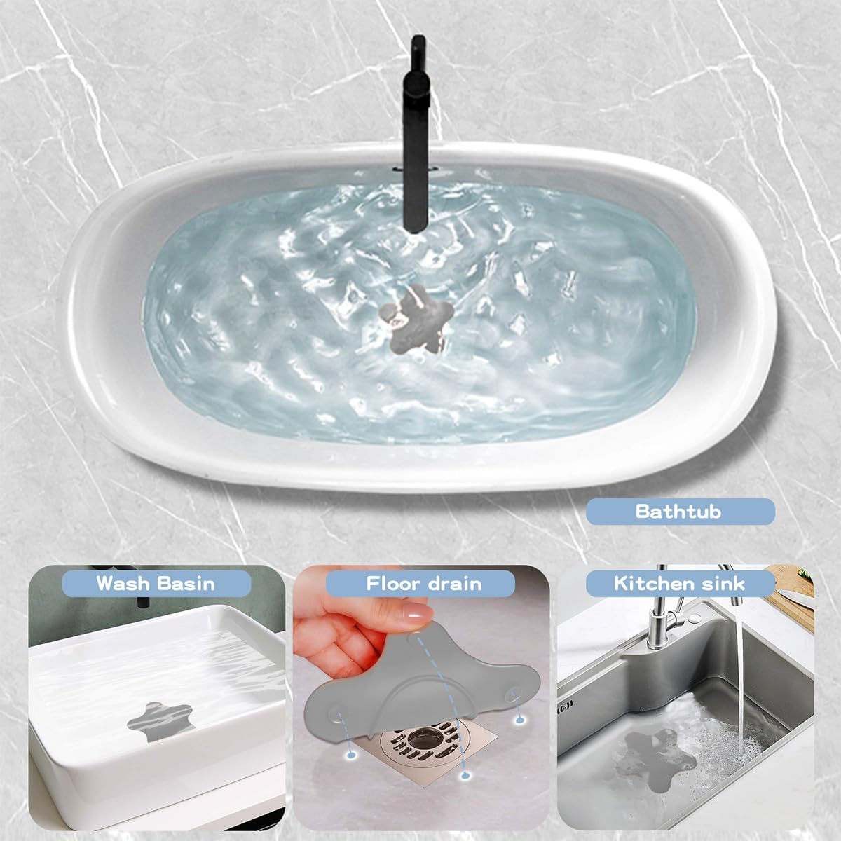 2 Pack Silicone Tub Stopper,Bathtub Stopper,Drain Plug,Hair Stopper,Adorable Universal Silicone Bath Drain Cover,For Kitchen Bathroom Accessories and Laundry (Gray&Blue) - Grayblue image number 4