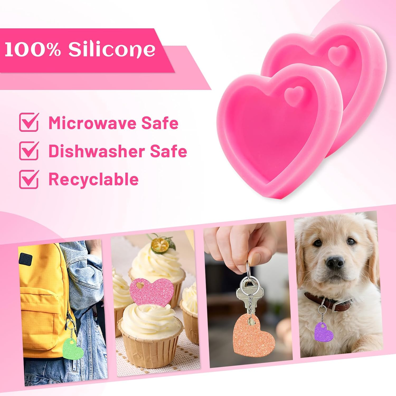 12 Pcs Heart Resin Silicone Keychain Molds with Hole, Valentine'S Day Mould, Keychain Mould Crafts Epoxy Resin with 24 Pcs Key Rings for DIY Decoration, Homemade Dessert (Pink) image number 1