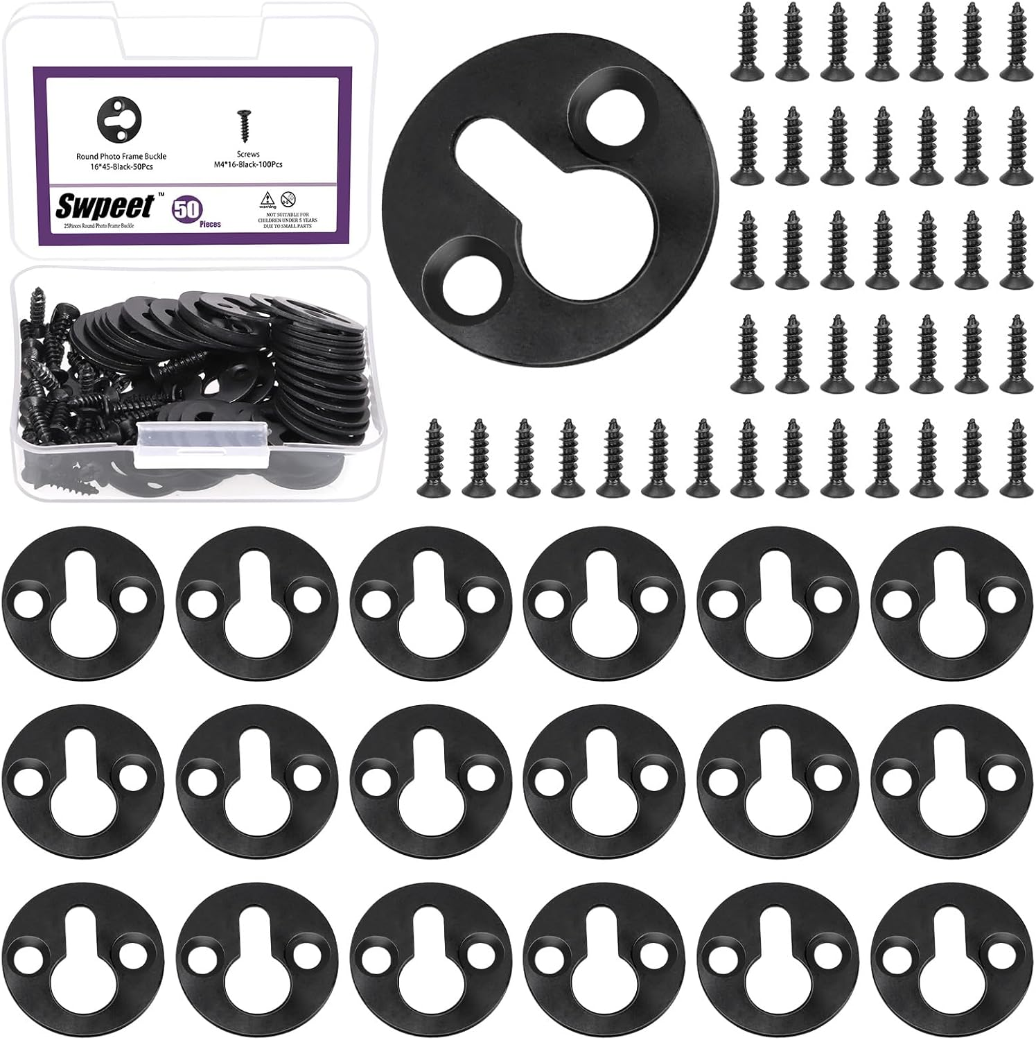 Swpeet 280Pcs 45 X 16Mm Black Carbon Steel Single Keyhole Hangers with Screws and Picture Frame Turn Button Fasteners Assortment Kit, Keyhole Hanging Plate Picture Hanger for Frame, Key, Photo