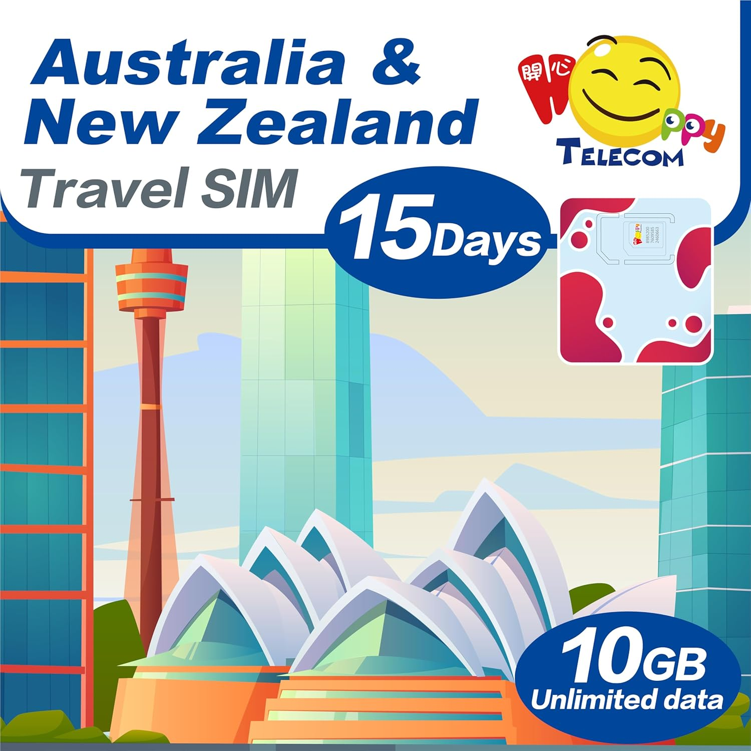 Happy Australia and New Zealand 15 Days Unlimited Data Travel Sim Card | 10GB of 5G High-Speed Data Then 128Kbps | Easy Activation | No Need Registration image number 1