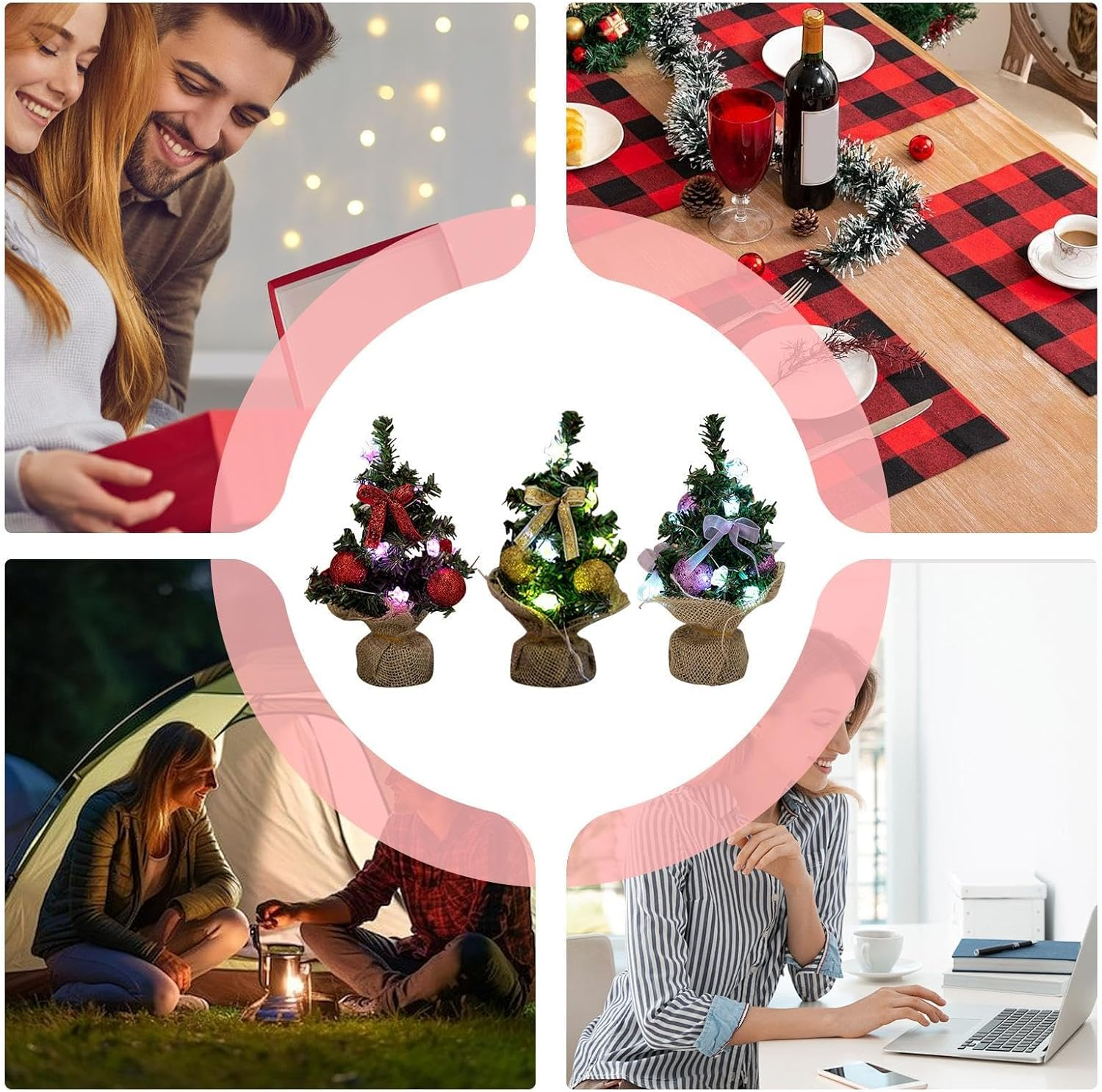 Desktop Christmas Tree with Lights,3X Green Tabletop Christmas Tree | Green Tabletop Festival Lights with Burlap Base image number 3