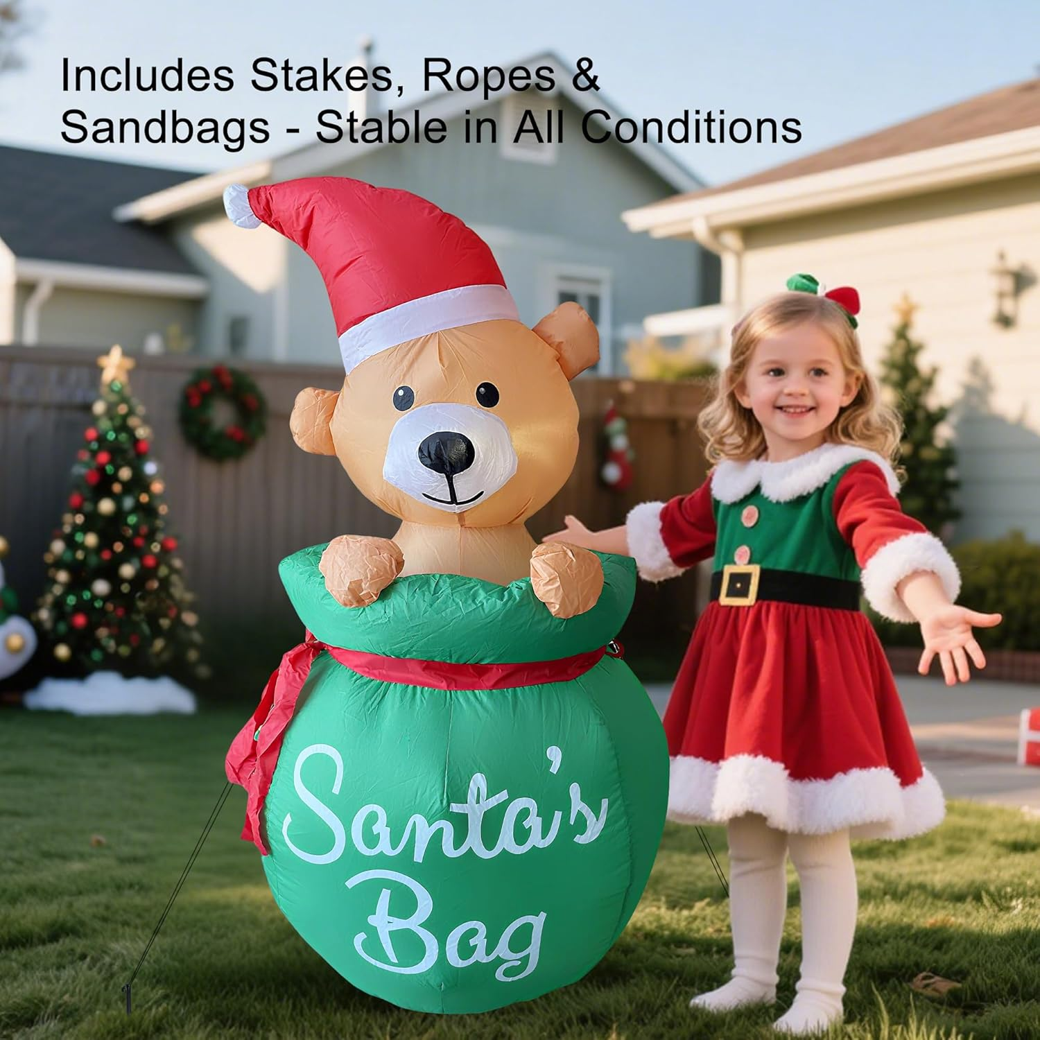 ONEIN 134CM Christmas Inflatables Teddy Bear in Santa&rsquo;S Bag with LED Lights - Cute Outdoor Blow up Decoration for Xmas Yard, Garden & Party - Weather-Resistant with Built-In Fan, Stakes & Sandbags image number 4