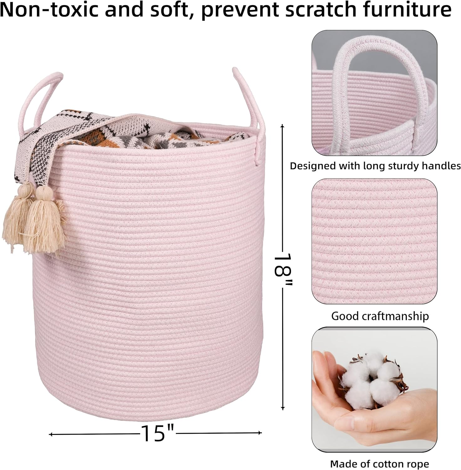 XUANGUO Cotton Rope Laundry Basket Hamper for Girls Kids Baby Nursery Hamper Bin Woven Storage Basket for Living Room Girls Room Boho Tall Rope Baskets for Blanket Toys Large Light Pink - Black image number 2