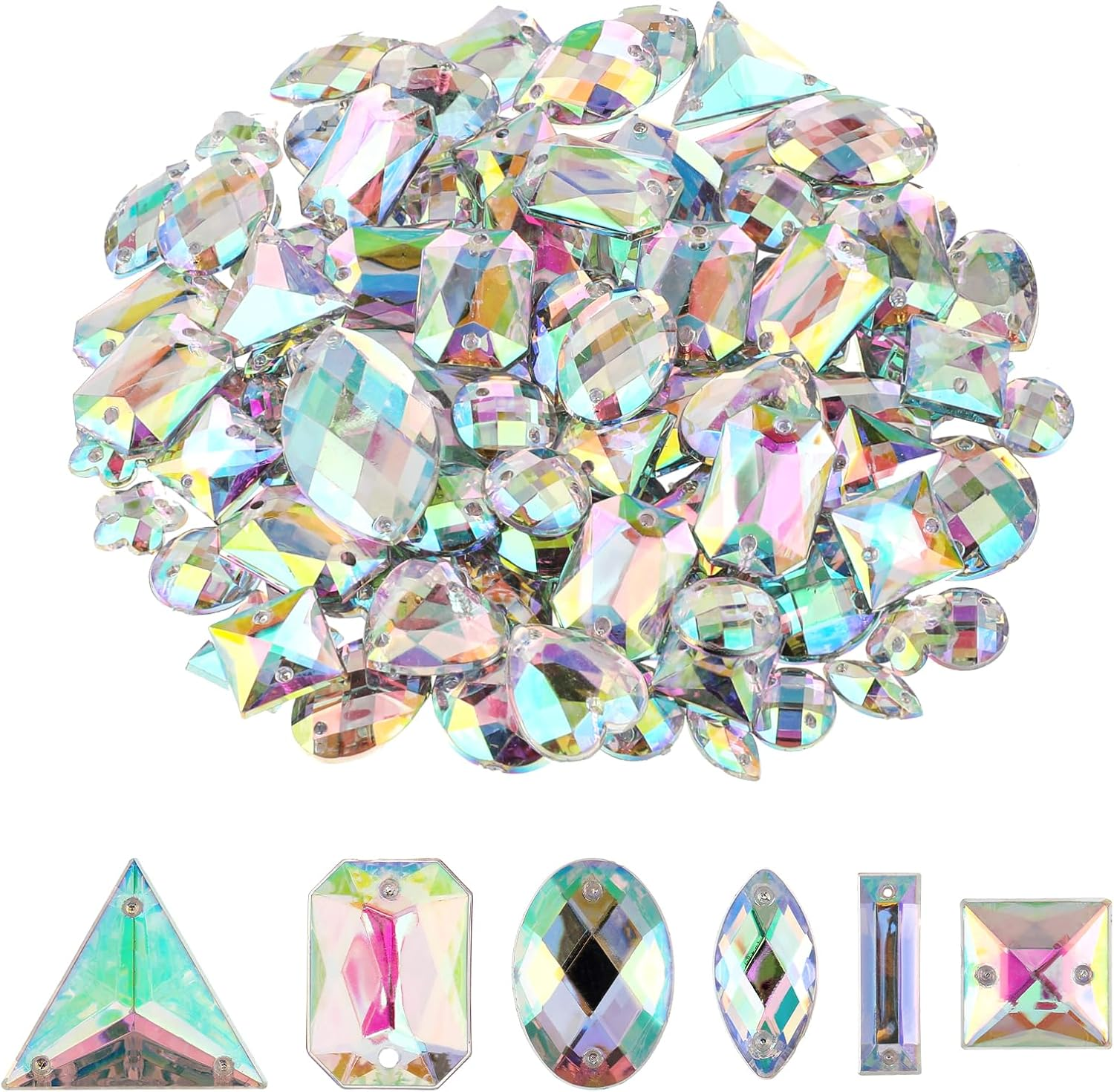 500 PCS AB Rhinestones Sew on Rhinestone Sewing Gems Acrylic Sewing Crystal Shapes Large Rhinestone with Sewing Holes Clear Rhinestones Crystal Gems for Jewelry Clothes Shoes Bag (Crystal AB) image number 2