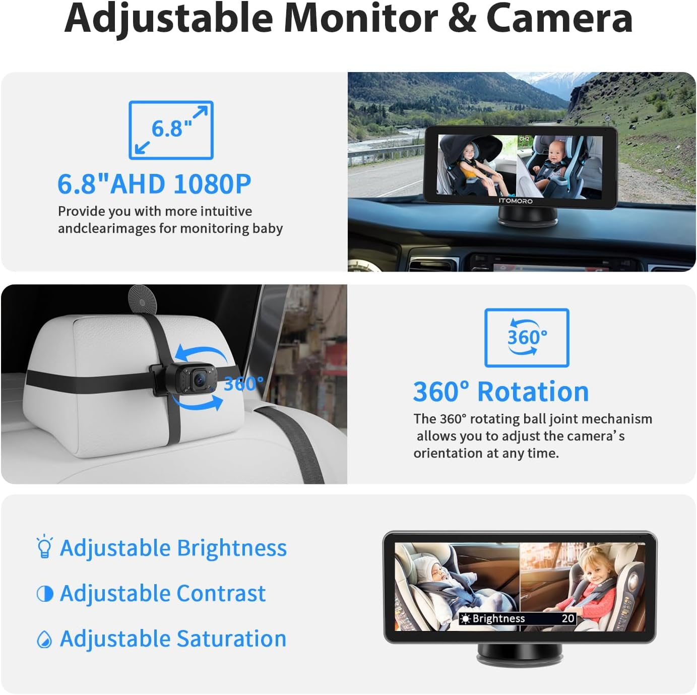 Itomoro Baby Car Camera Dual-Channel 6.8 Inch HD 1080P Display with 2 IR Night Vision, Baby Car Mirror Easily Install Car Camera for Baby with Crystal Clear Wide View for Rear Facing Seat image number 1
