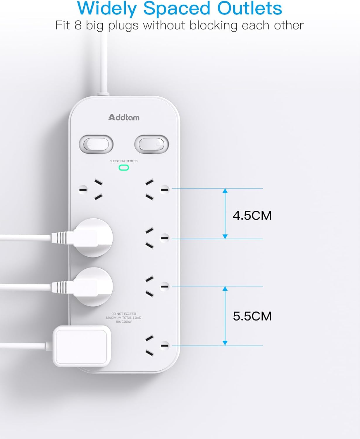 Power Board Surge Protected- 8 Widely Outlets(10A/2400W) Powerboard with 1M Extension Cord, 900J Surge Protection Double Switch, Wall Mountable for Home Office Accessories image number 5