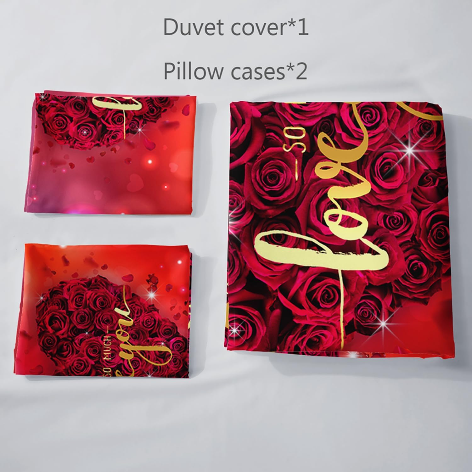 AILONEN Red Rose Duvet Cover Set Full Size, 3D Rose Hearts Bedding Set,Valentine Fantasy Loves Comforter Cover Set,Glitter Hearts Duvet Cover Set 3 Pieces, 1 Quilt Cover and 2 Pillowcases image number 4