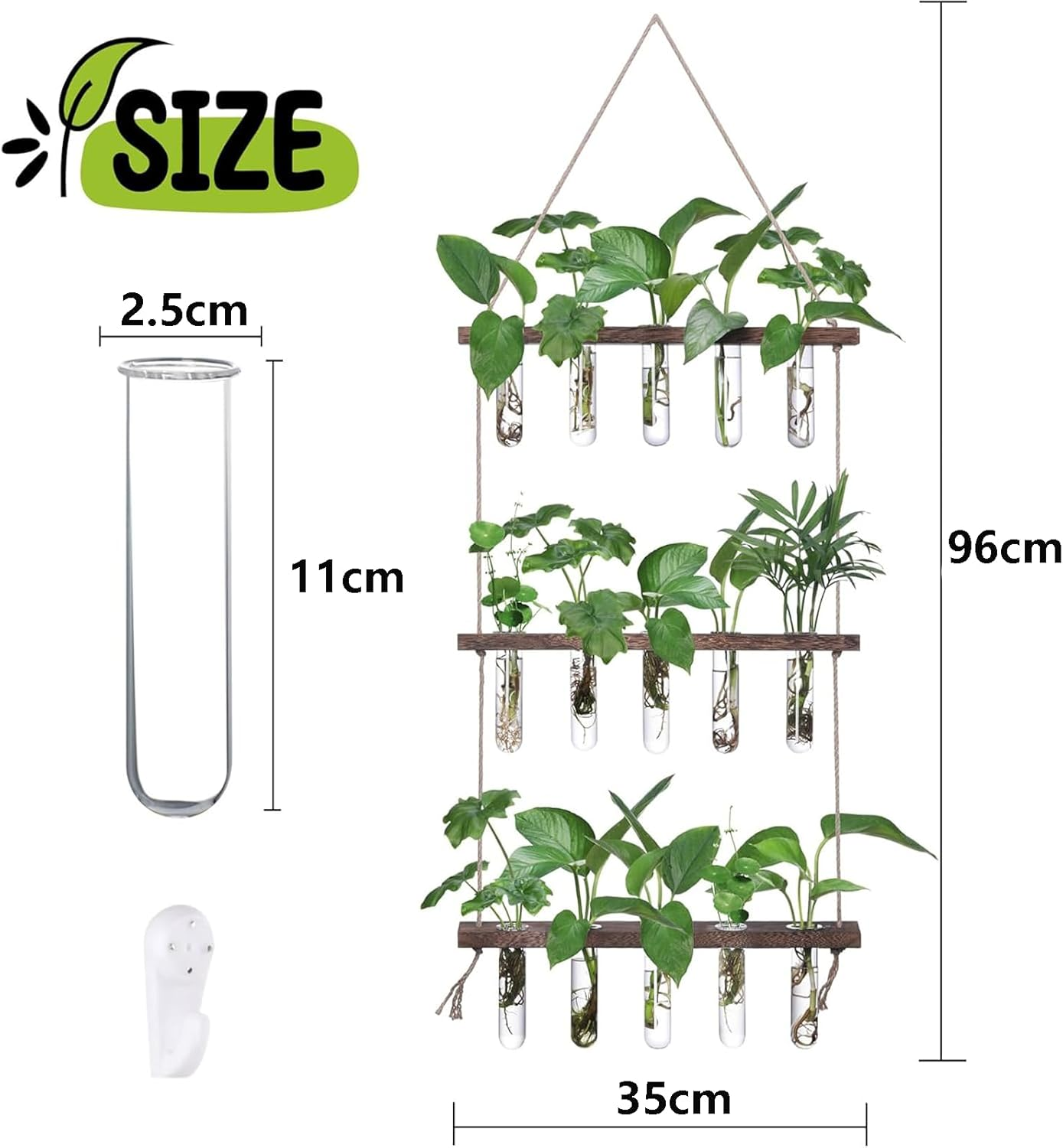 Wall Hanging Propagation Station with Wooden Stand, 5 Glass Test Tubes, 3-Tiered Planters, Wall Terrarium for Home or Office, Hydroponic Cuttings, Plant Hanger, Flower Vases Wall Decor image number 3